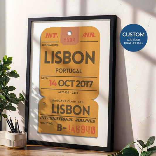 Custom mustard yellow travel ticket poster, vibrant gift for travellers with personalised dates and locations.