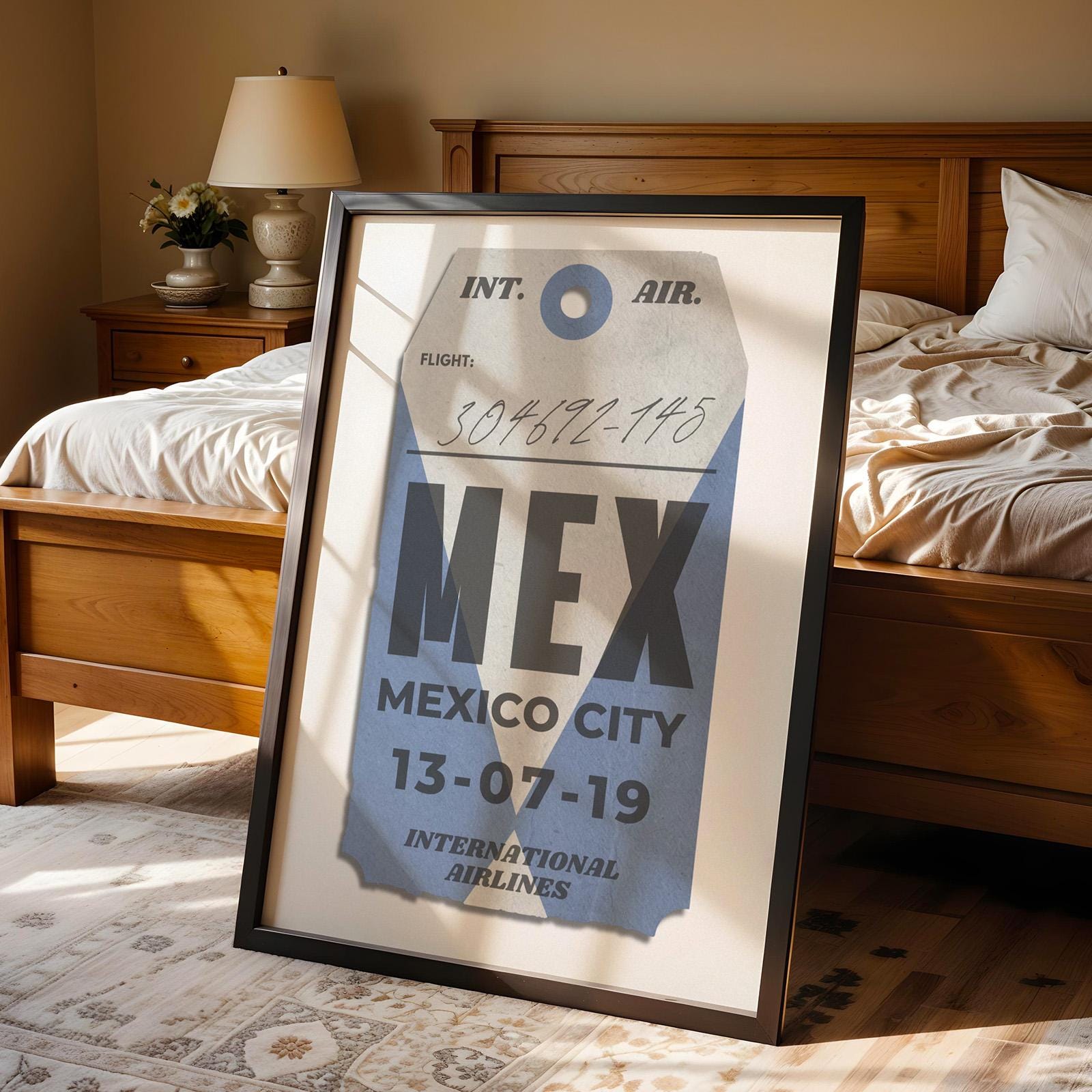 framed blue luggage tag vintage poster, personalised travel gift for holiday flights and nostalgic keepsakes.