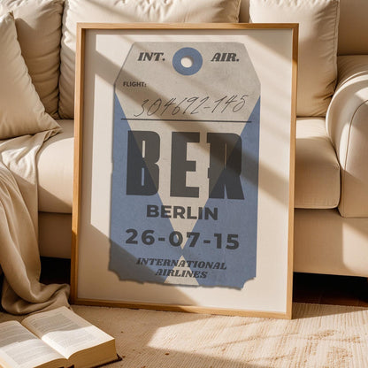 Blue luggage tag vintage poster, trendy framed print, perfect bespoke gift for travellers and holiday memories.