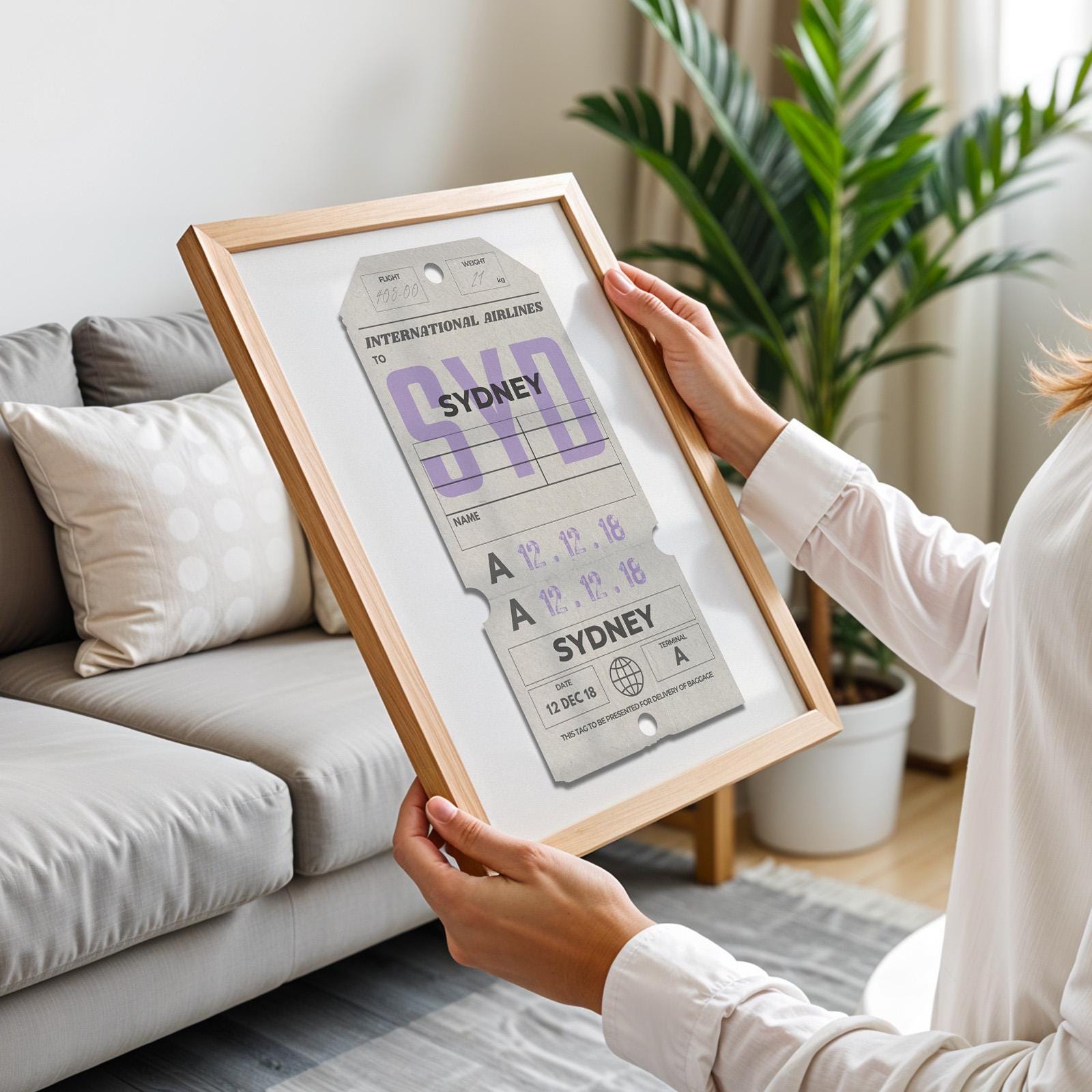 Cream luggage tag vintage poster, physical framed print, perfect personalised gift for travel lovers and holiday memories.