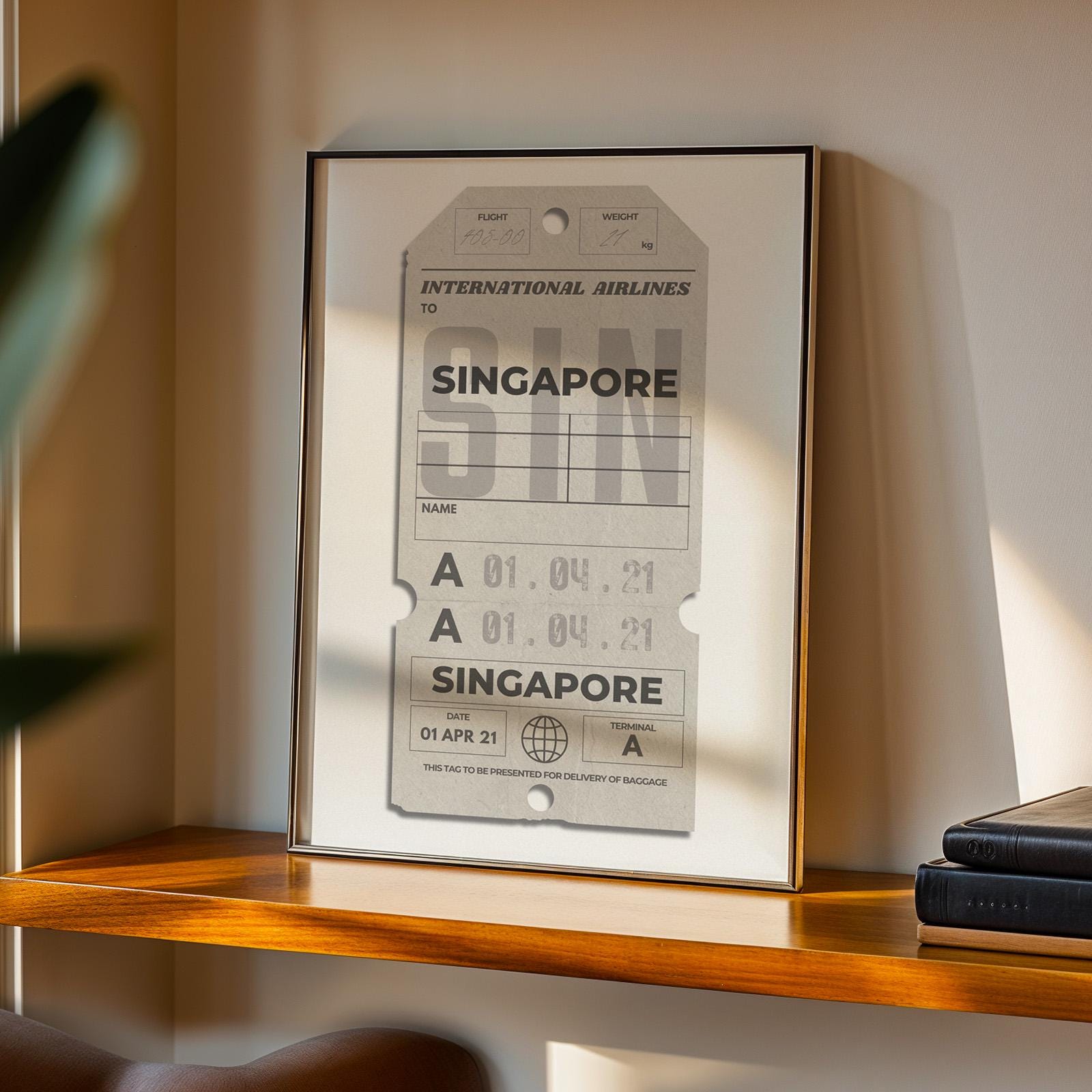 framed beige luggage tag vintage poster, perfect nostalgic travel gift for flights, holidays, and airport memories.