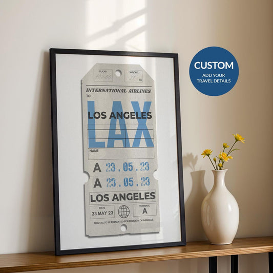 Framed beige luggage tag vintage poster, bespoke travel gift for holidays, flights, and nostalgic memories.