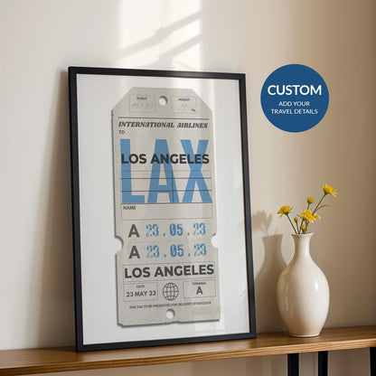 Framed beige airport style travel art, bespoke travel gift for holidays, flights, and nostalgic memories.