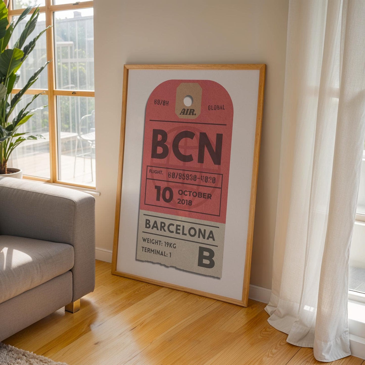 Framed flight pass traveller wall art leaning on wall, personalised holiday gift for travellers and nostalgic flight moments.