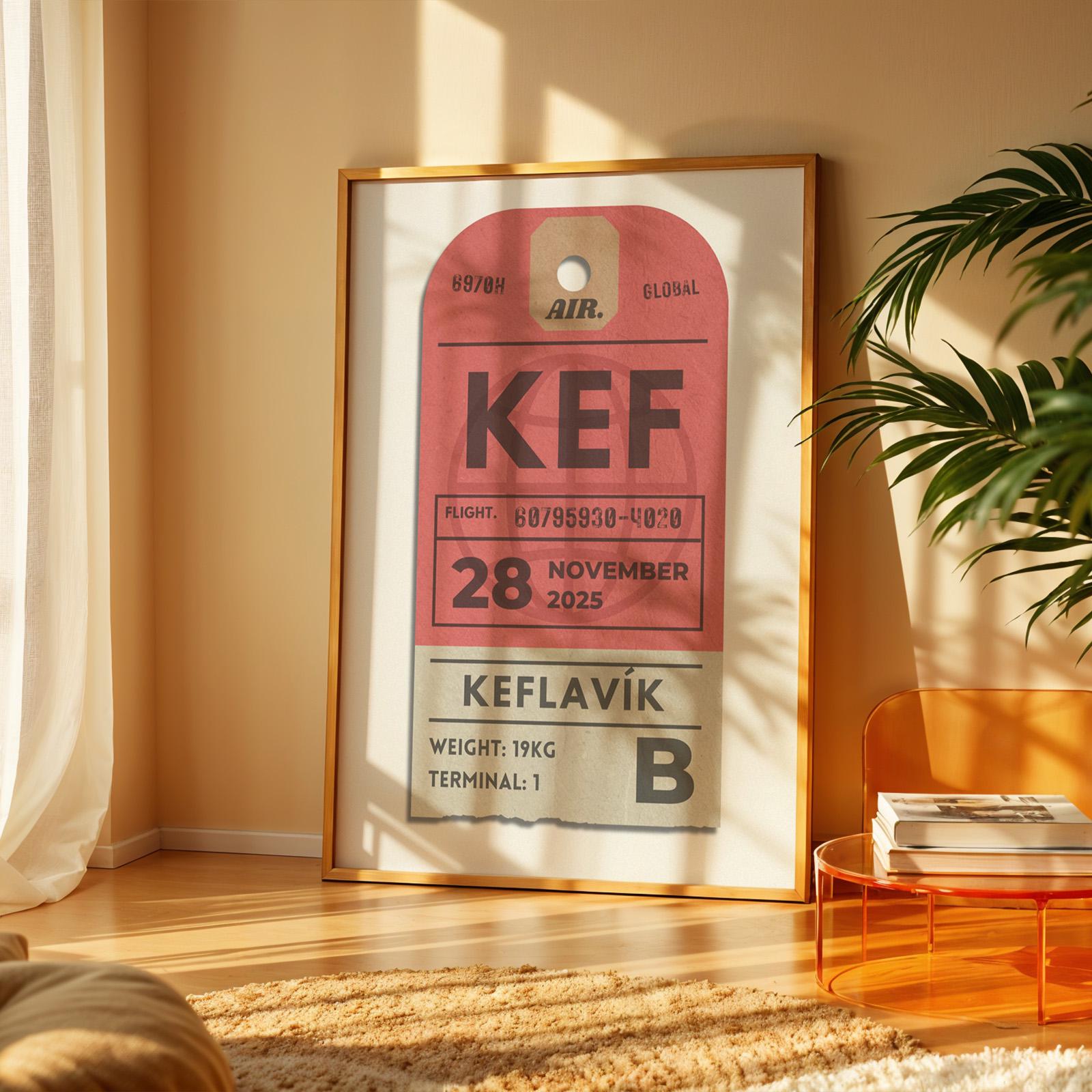 Red luggage tag vintage poster, unique framed print for holiday travel decor and airport-inspired gift ideas.