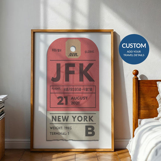 Framed red luggage tag vintage poster, custom travel gift for holidays, flights, and nostalgic airport memories.