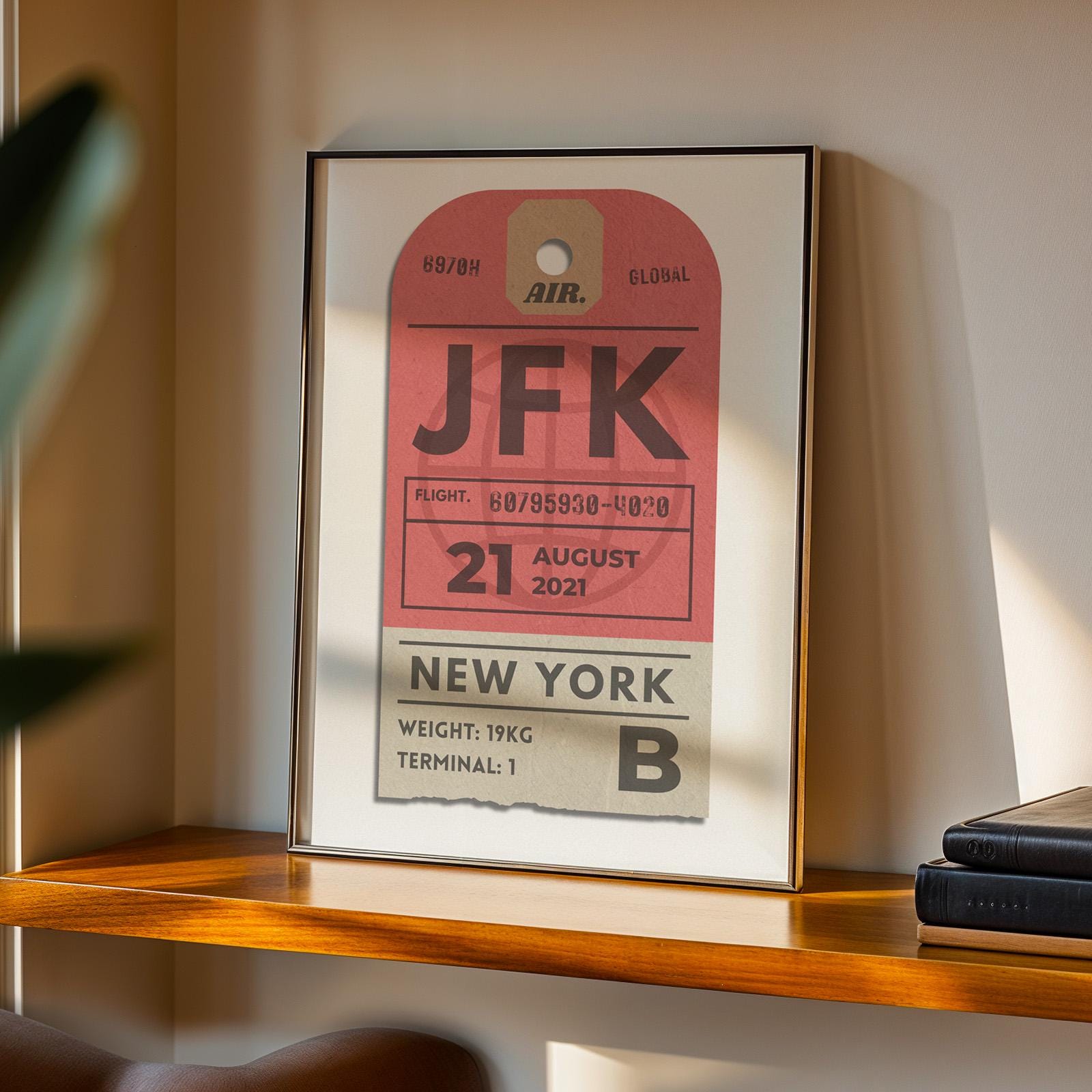 Red trendy vintage luggage tag digital poster, custom travel gift for airport lovers and holiday keepsake moments.