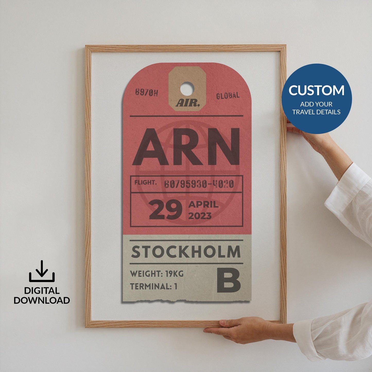 Digital airport traveller art, personalised travel gift for holidays, flights, and nostalgic memories.