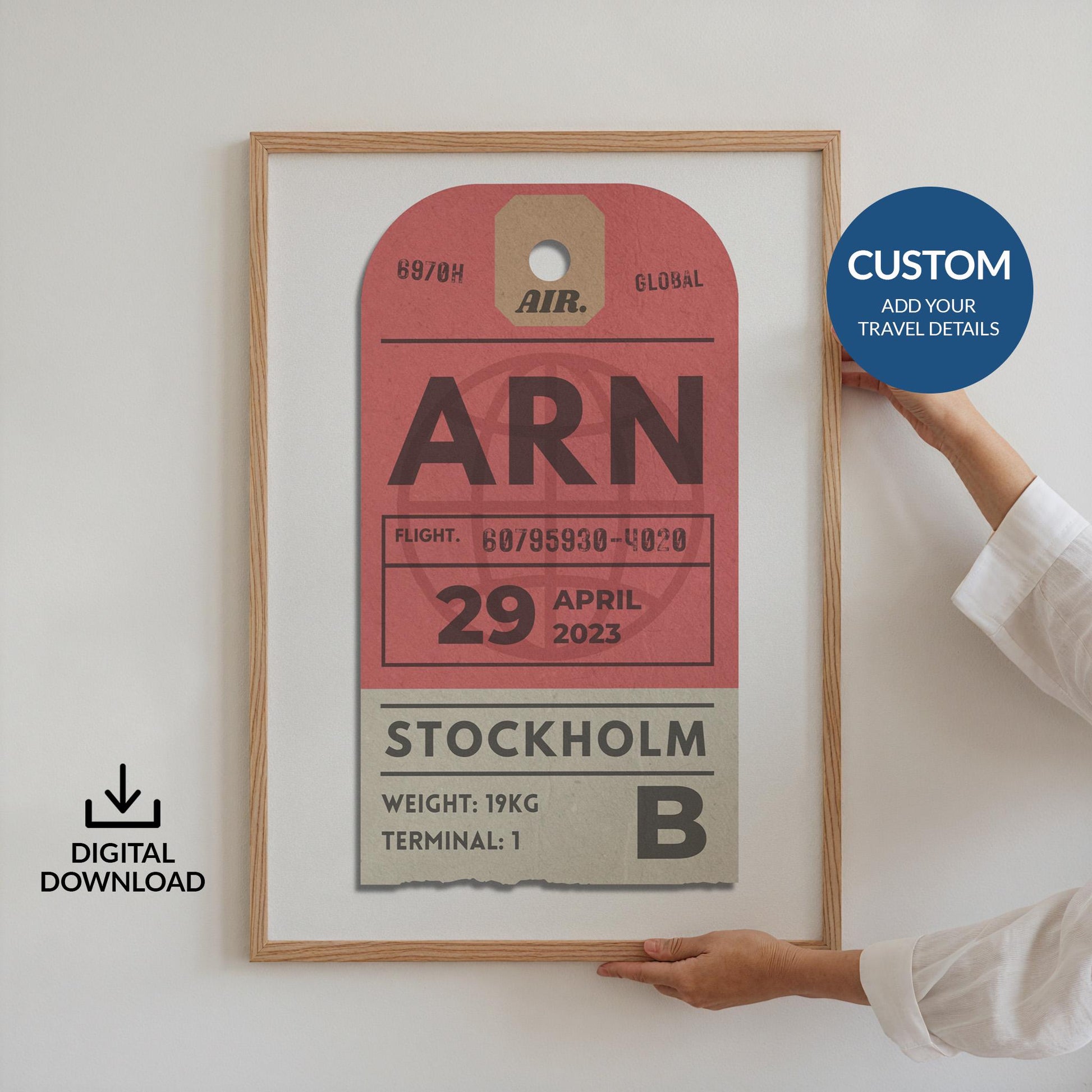 Digital airport traveller art, personalised travel gift for holidays, flights, and nostalgic memories.