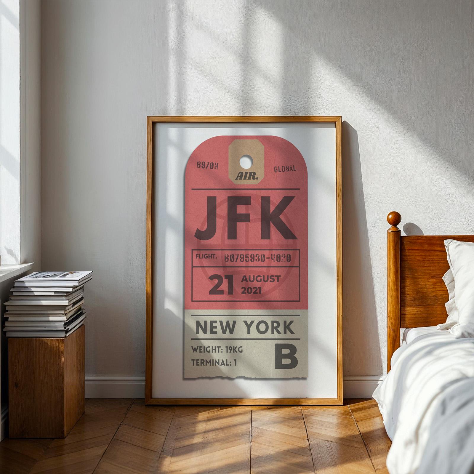 Red, yellow, and blue trendy luggage tag wall art bundle, vintage prints for holiday travellers and airport decor.