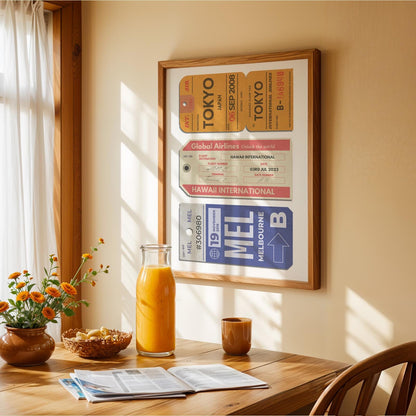 Vintage retro travel lover art piece Custom Three Luggage Tags Poster on kitchen wall. flight code airport departures print