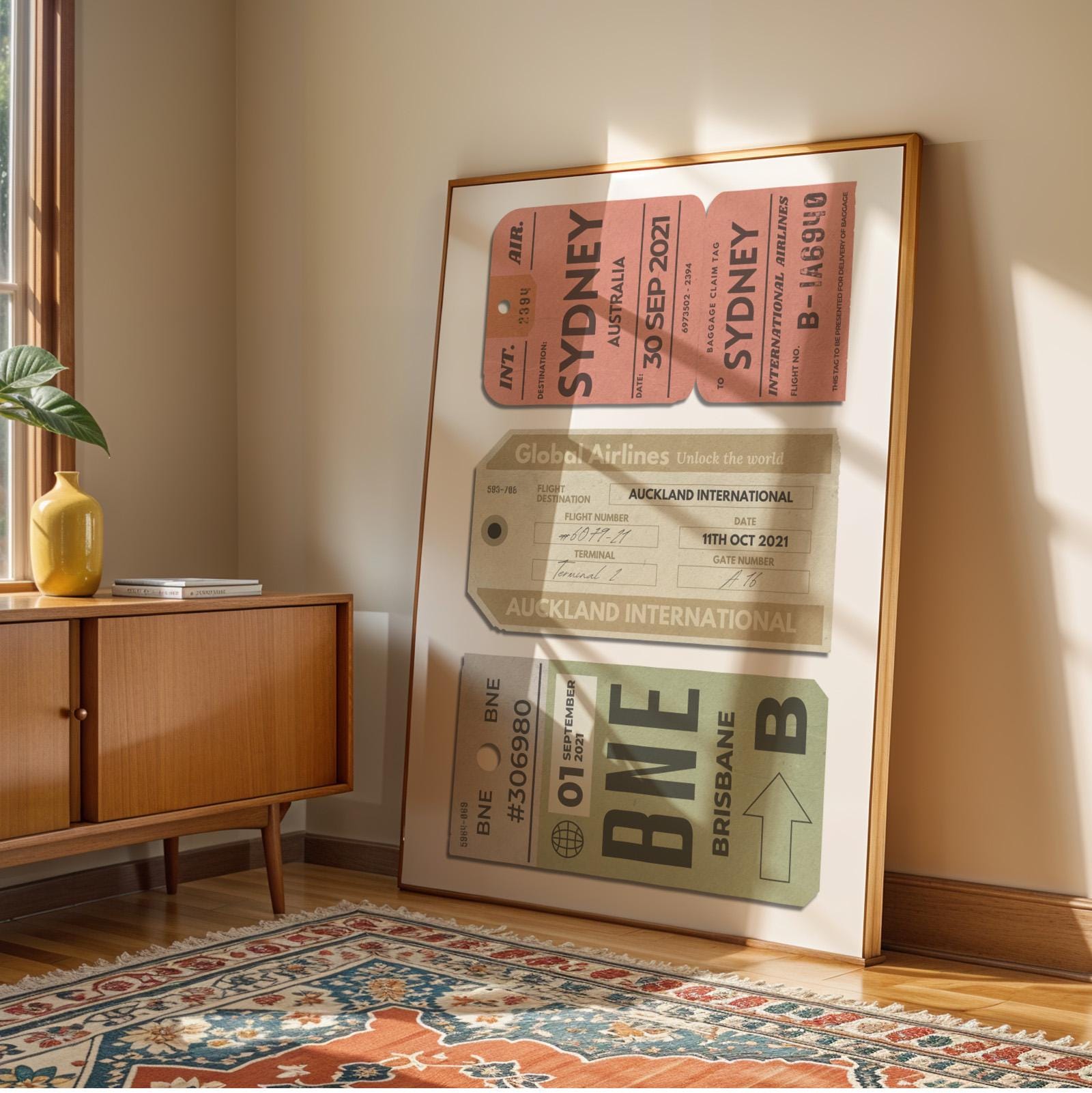 Three-ticket custom traveller wall art, vintage-style digitalised print in retro colour palette for holiday and flight lovers.