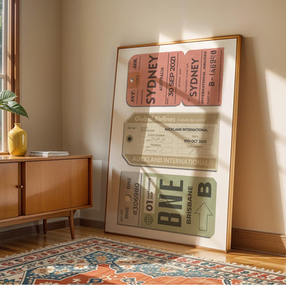 Three-ticket custom traveller wall art, vintage-style digitalised print in retro colour palette for holiday and flight lovers.