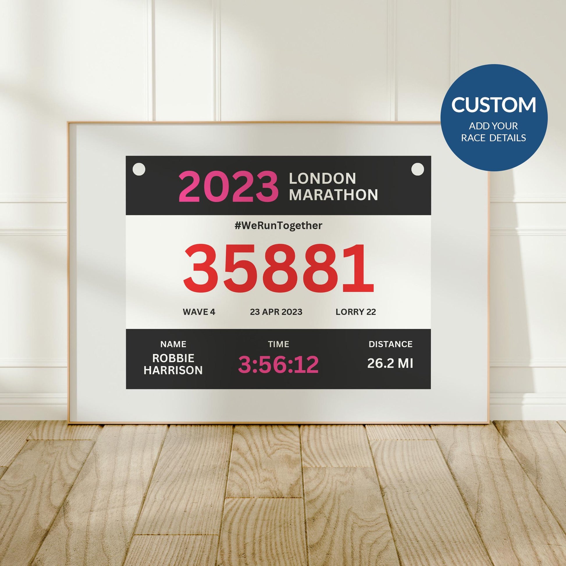 5k runner print with name, date, and time, framed and leaning on wall. Perfect runner gift, marathon keepsake