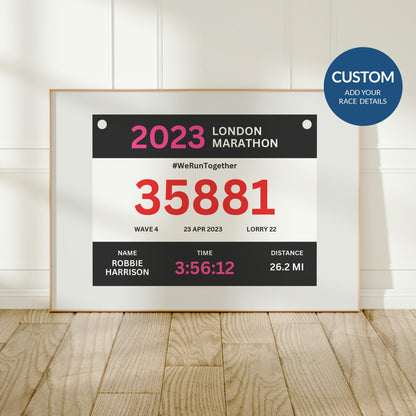 5k runner print with name, date, and time, framed and leaning on wall. Perfect runner gift, marathon keepsake