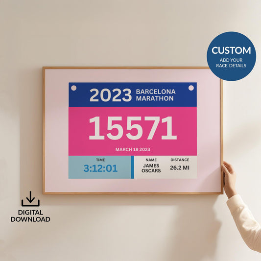 Digital marathon runner bib print with name, date, and time, ready to download. Perfect gift for marathon runners and fans.