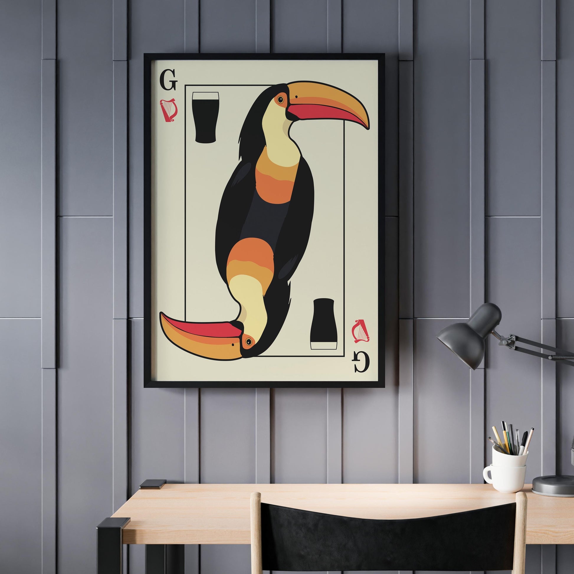 Beer lover’s digital poster featuring toucan artwork in vintage playing card style, ideal for pub décor.