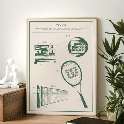 racquet and net blueprint print, instant digital art gift for ball game enthusiasts and athletes. Leaning in office