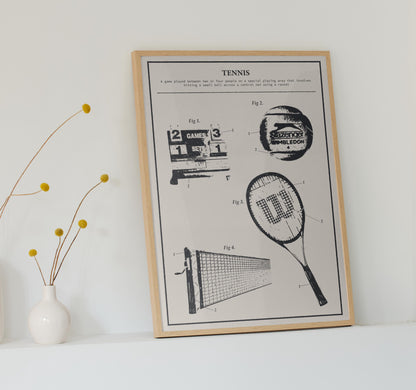 Downloadable tennis schematic wall art with vintage court and equipment visuals, great for sports lovers.
