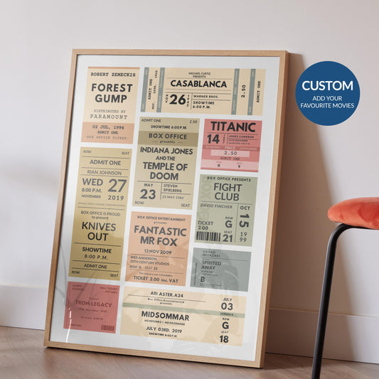 Custom Movie Ticket Stub Poster, custom gift for anniversary or birthday, retro film stub wall art.