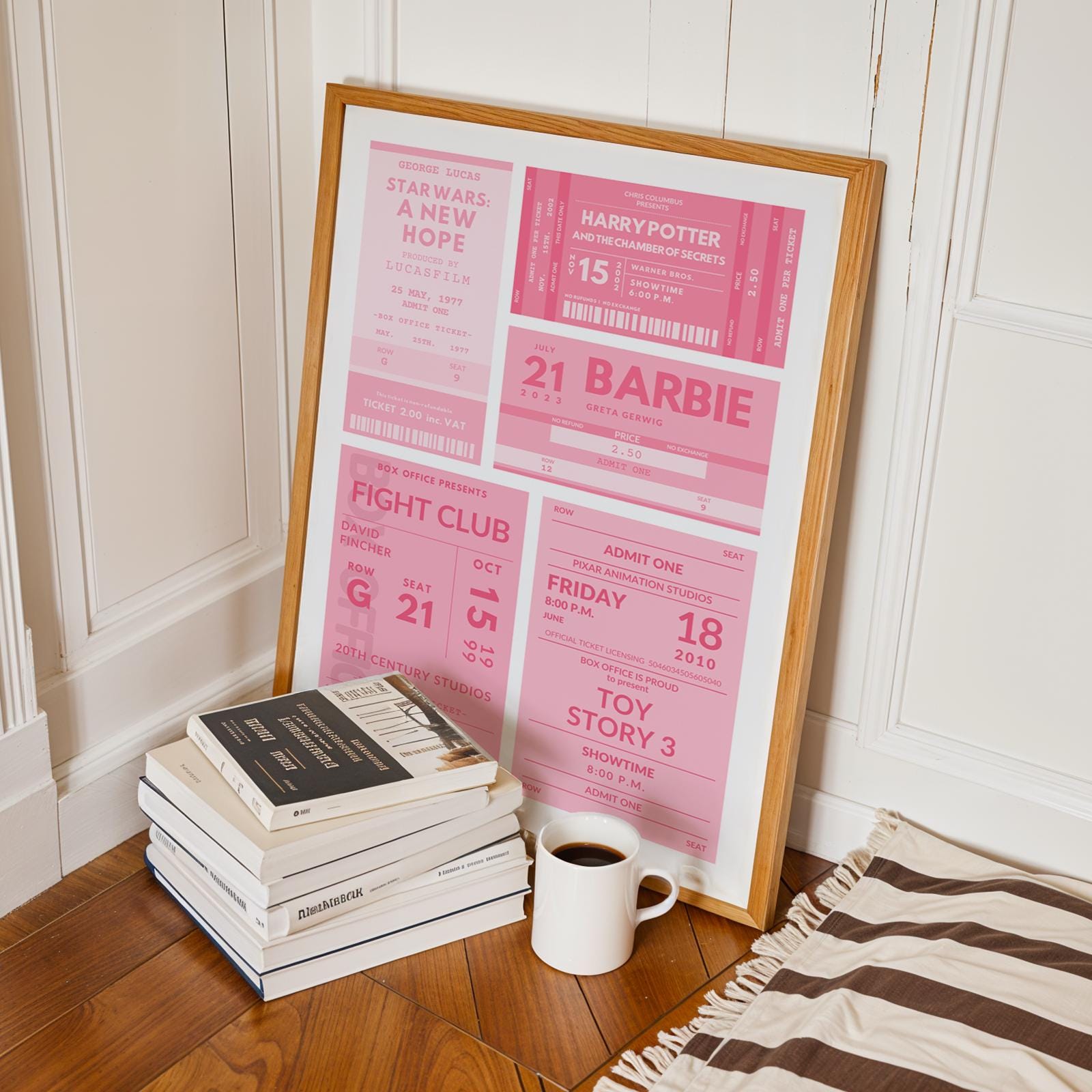 Printable retro cinema tickets art in pink trendy girly colours, ideal digital gift for anniversaries or home decor.