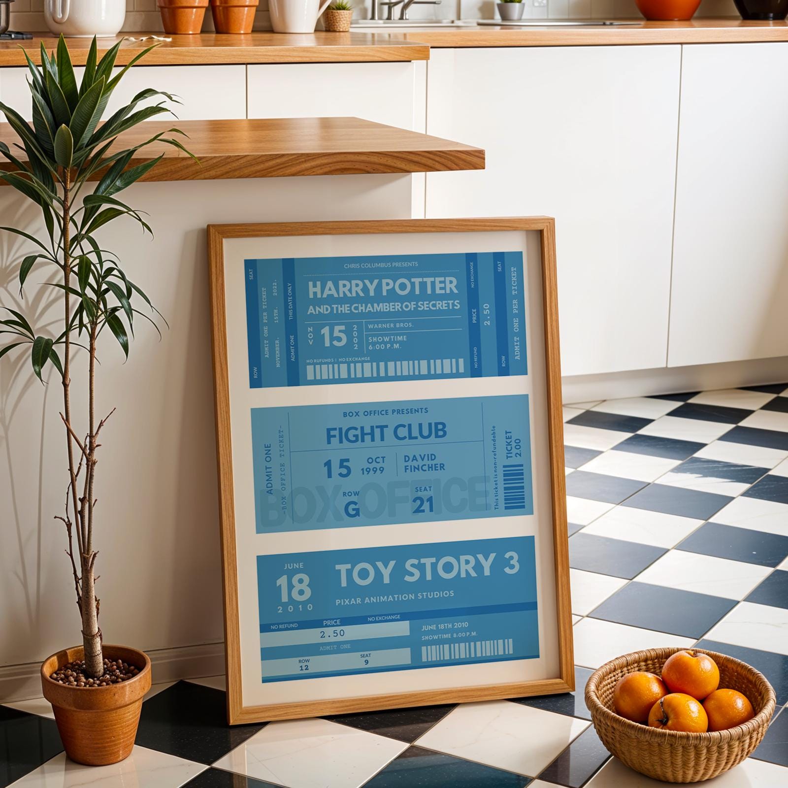 Custom digital retro movie ticket poster in kitchen, ideal keepsake for gifting and home wall decor.
