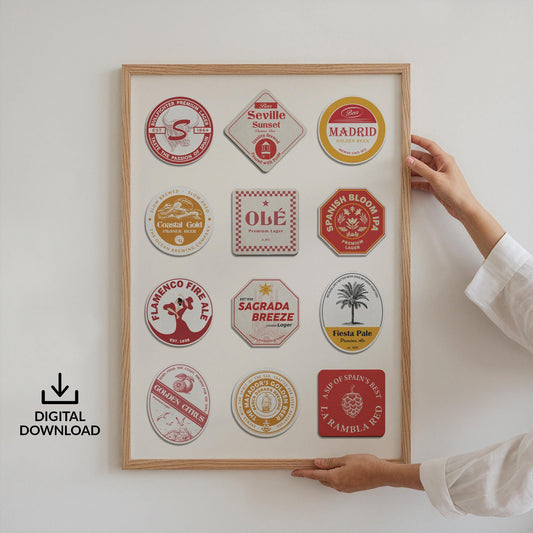 Digital printable Spanish travel print with Madrid, Barcelona landmarks. Perfect pub gift for travellers and beer lovers.