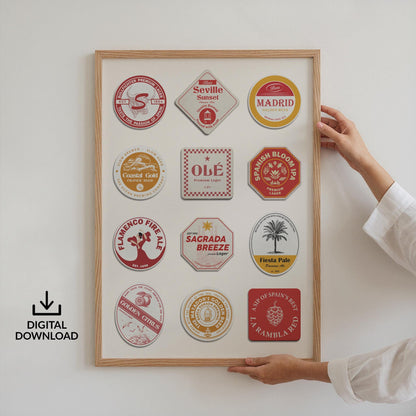 Digital printable Spanish travel print with Madrid, Barcelona landmarks. Perfect pub gift for travellers and beer lovers.