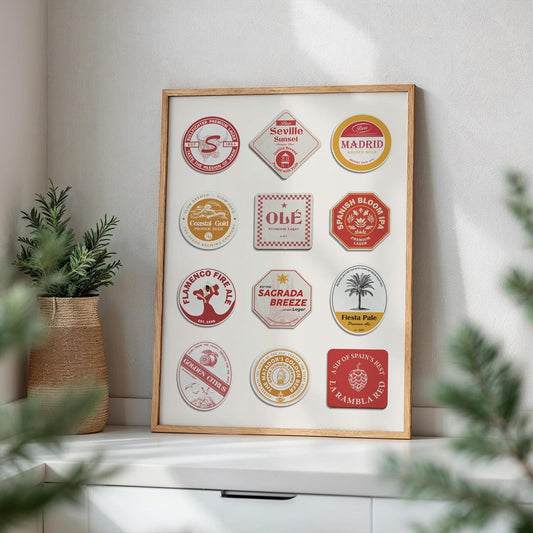 Handmade Spain pub travel print Madrid, Barcelona, Seville landmarks, traditions, perfect beer pint pub gift for travellers.