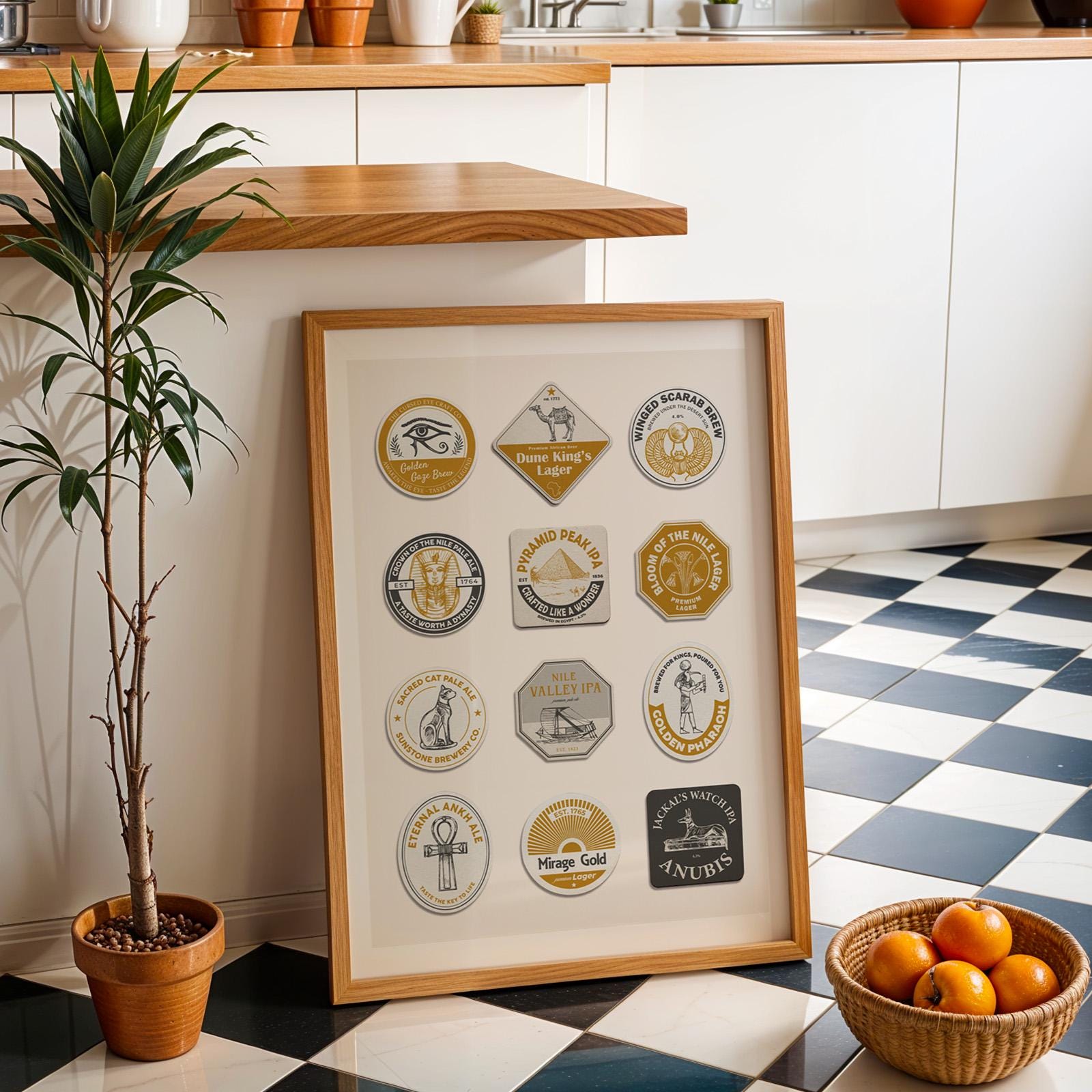 Framed Egypt beer mat art leaning on counter in kitchen. Perfect trendy beer gift for man cave, pub, or holiday décor.