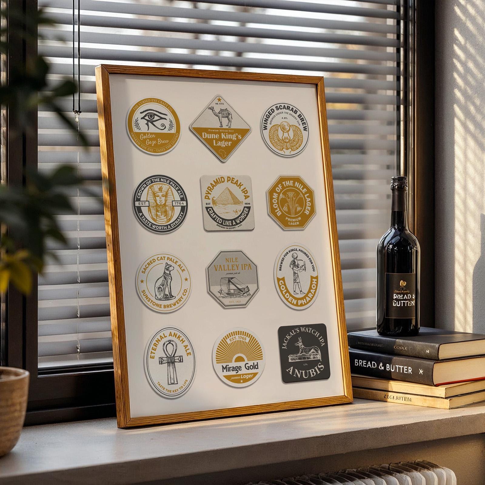 Egypt beer mat digital file with goddess motifs and pyramids. Fast printable gift for pint and travel lovers.