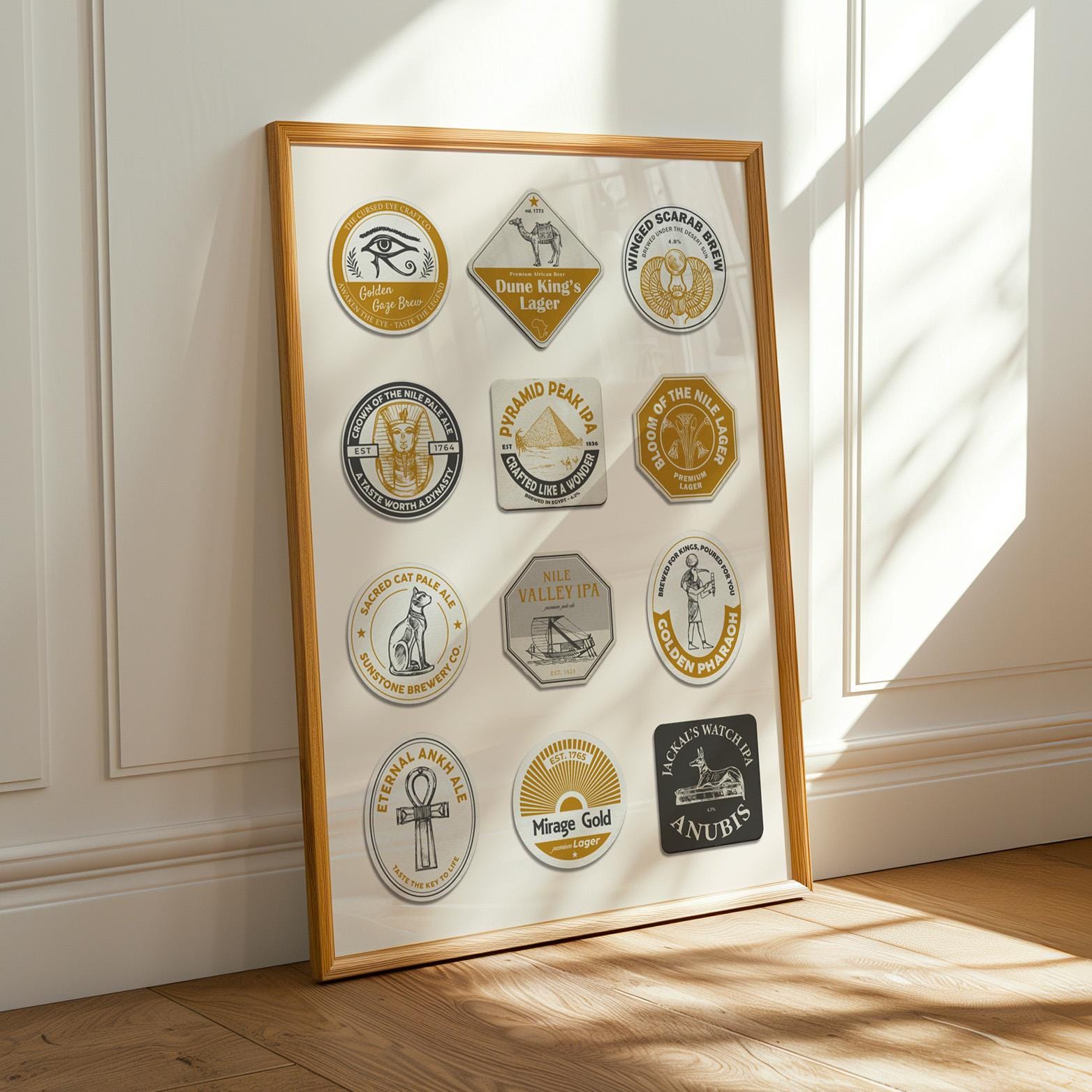 Egypt wall art print with ancient beer cats and goddess motifs, pyramids, and Nile. Great gift for pint lovers and travellers.