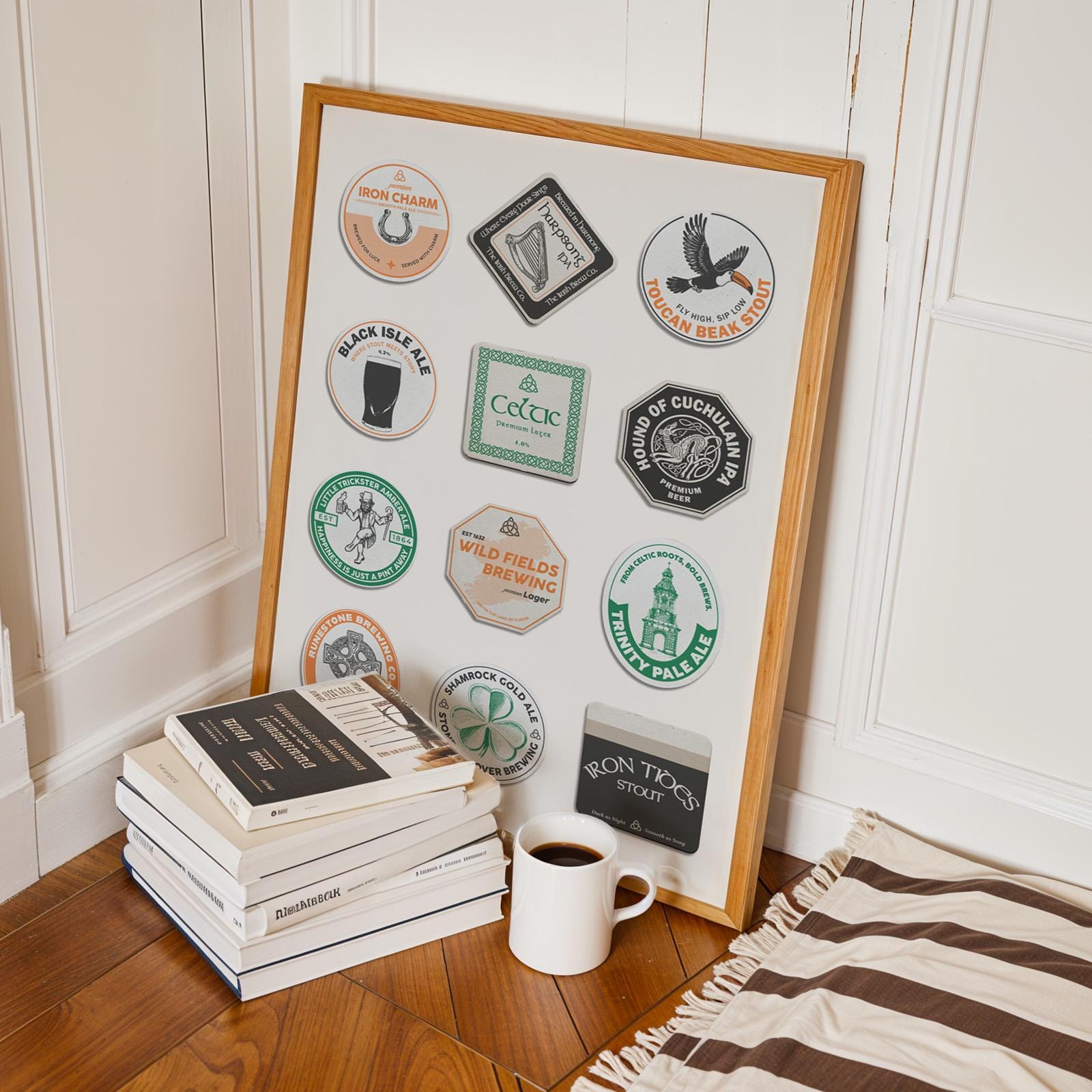 Ireland printable beer mat featuring Dublin pubs and shamrocks. Easy gift for beer lovers and home bar décor.