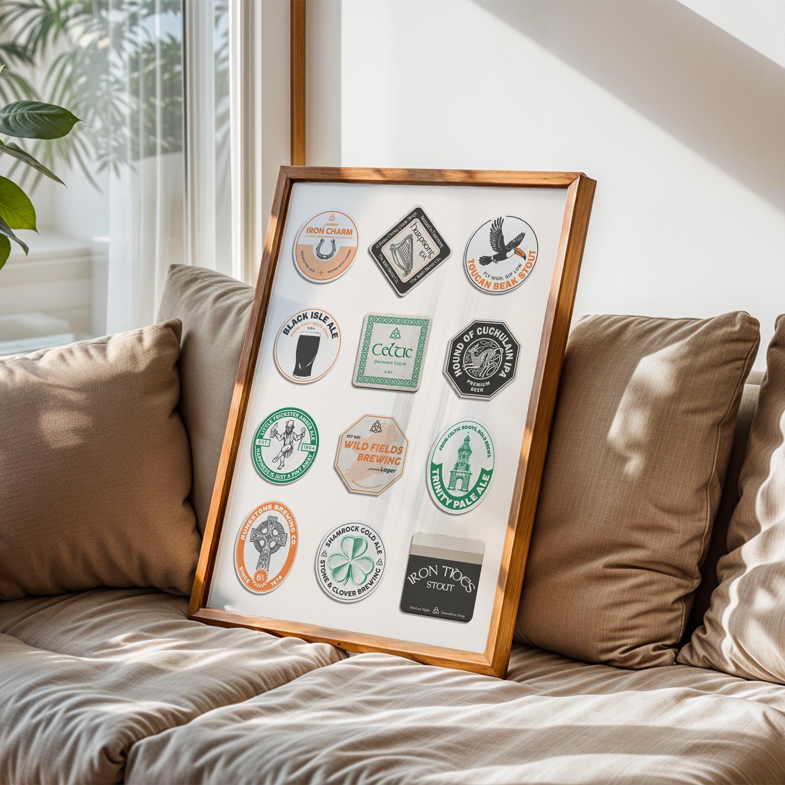 Printable Ireland beer mat art with stout, leprechaun hat, and lucky shamrock. Perfect stylish modern instant gift.