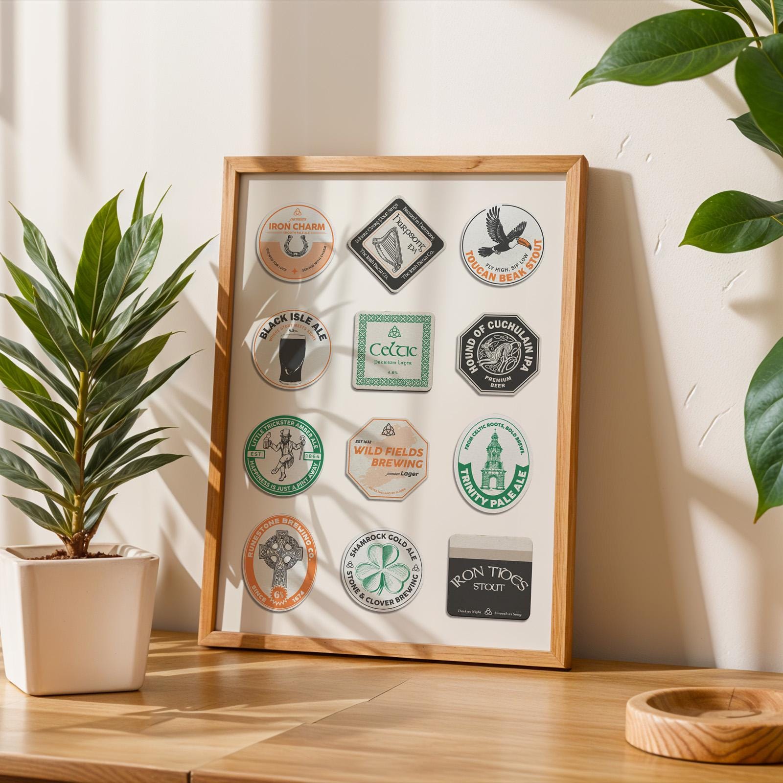 Irish stout beer mat print with Dublin and shamrock motifs. Fast digital gift for travellers and beer fans.