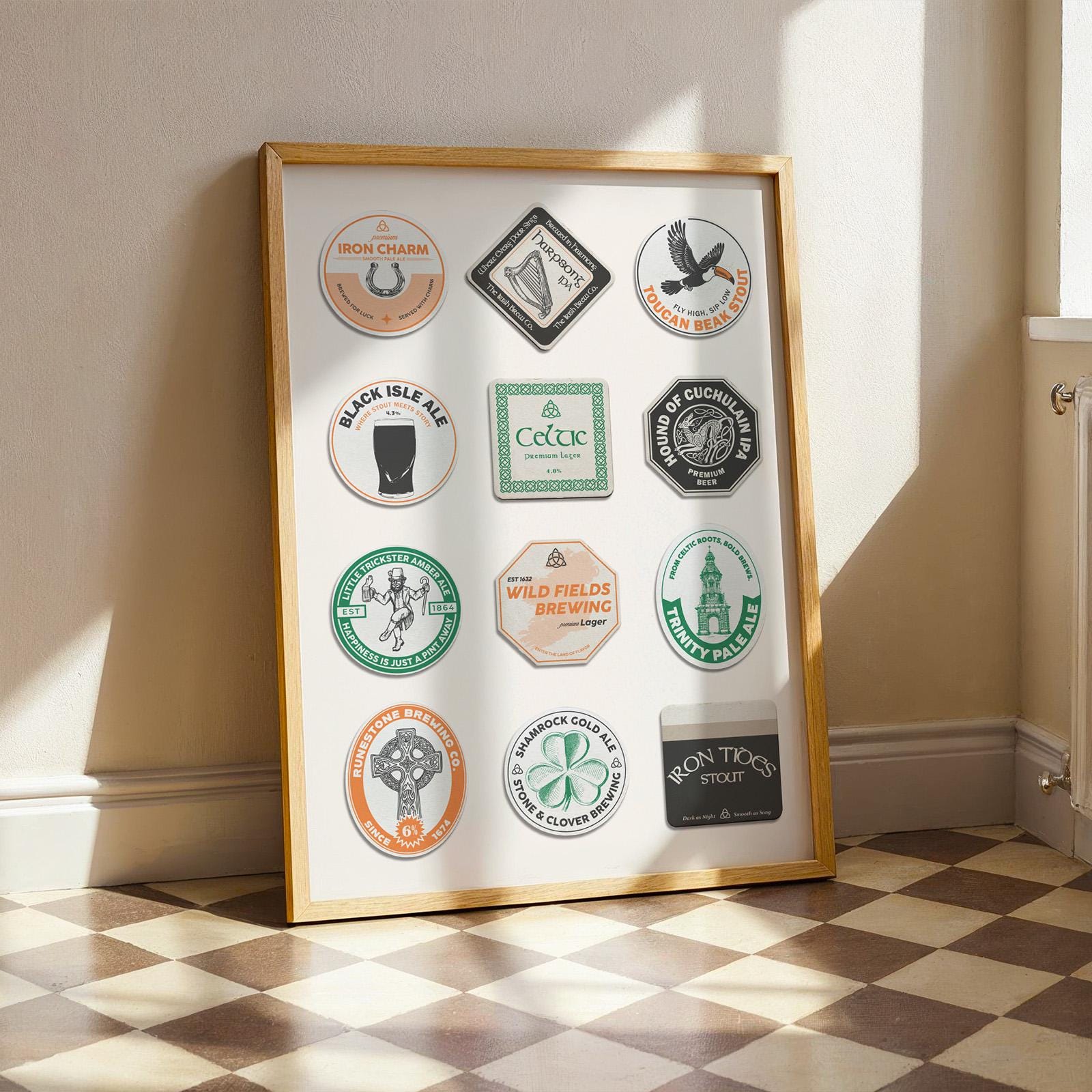 Ireland digital beer mat poster featuring stout, shamrocks, and Trinity College. Easy pub gift idea.