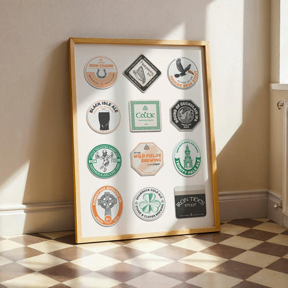 Ireland digital beer mat poster featuring stout, shamrocks, and Trinity College. Easy pub gift idea.
