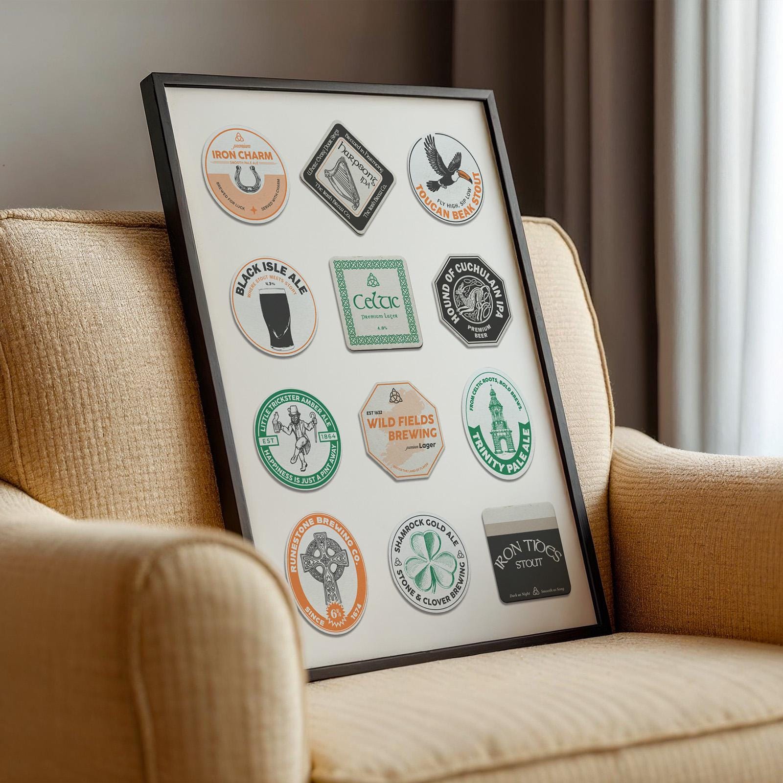 Digital beer coaster with Irish stout, lucky charm, and shamrock motifs. Great gift for Irish-themed décor and presents.