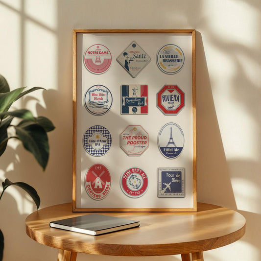France travel beer mat poster with Paris landmarks, traditions, and landscapes—perfect beer pint pub dad gift for travellers and holiday art.