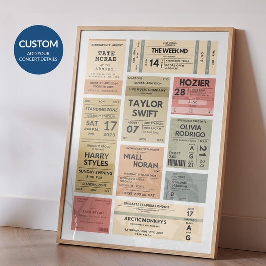 Custom concert ticket poster leaning on wall - bespoke stub art, personalised vintage print, nostalgic keepsake gift for music lovers.