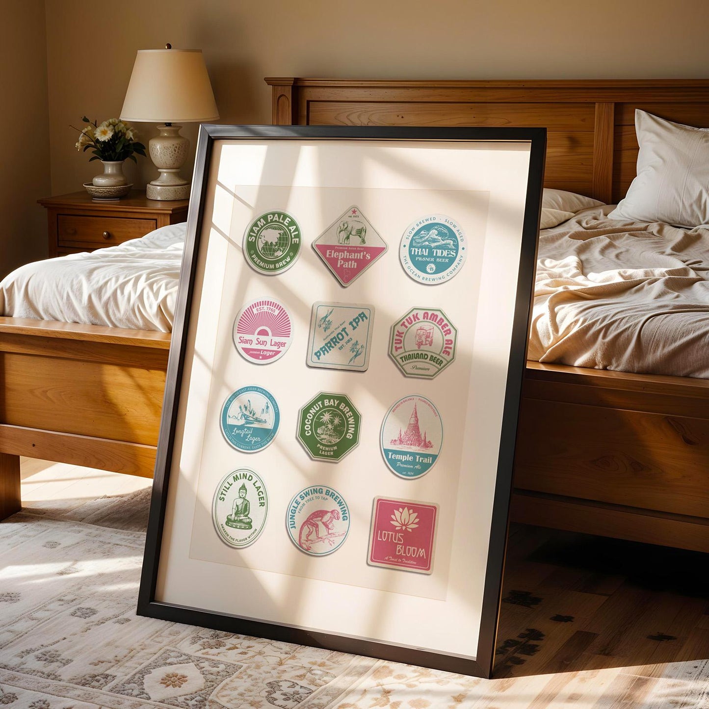 Framed Thailand beer mat art with Bangkok temples and floating markets, great for living room or office décor.