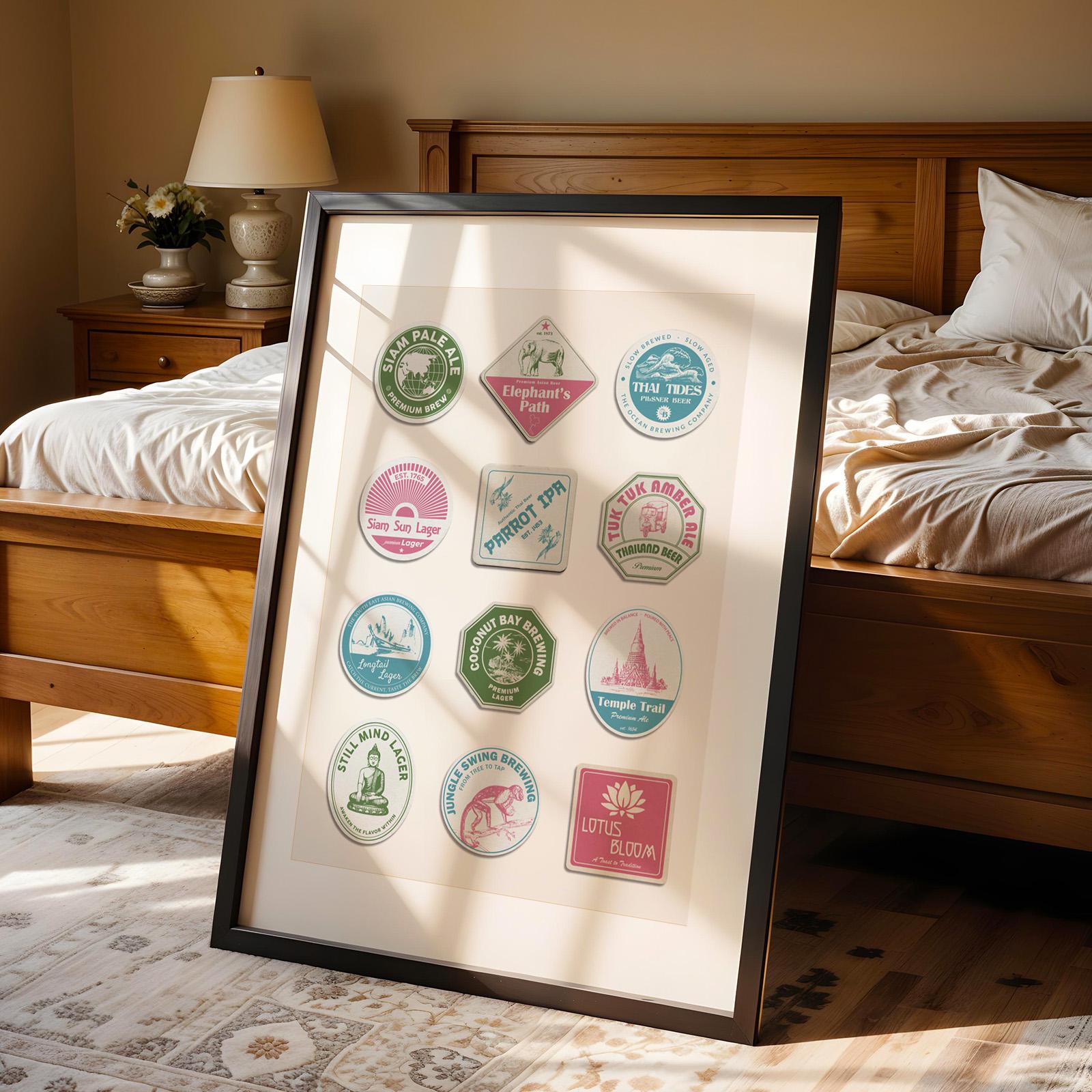 Framed Thailand beer mat art with Bangkok temples and floating markets, great for living room or office décor.