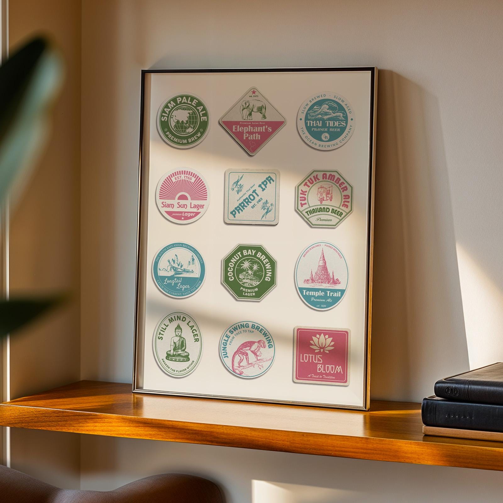 Thailand beer coaster framed poster featuring famous cities, ideal beer pint gift for travellers and beer lovers.