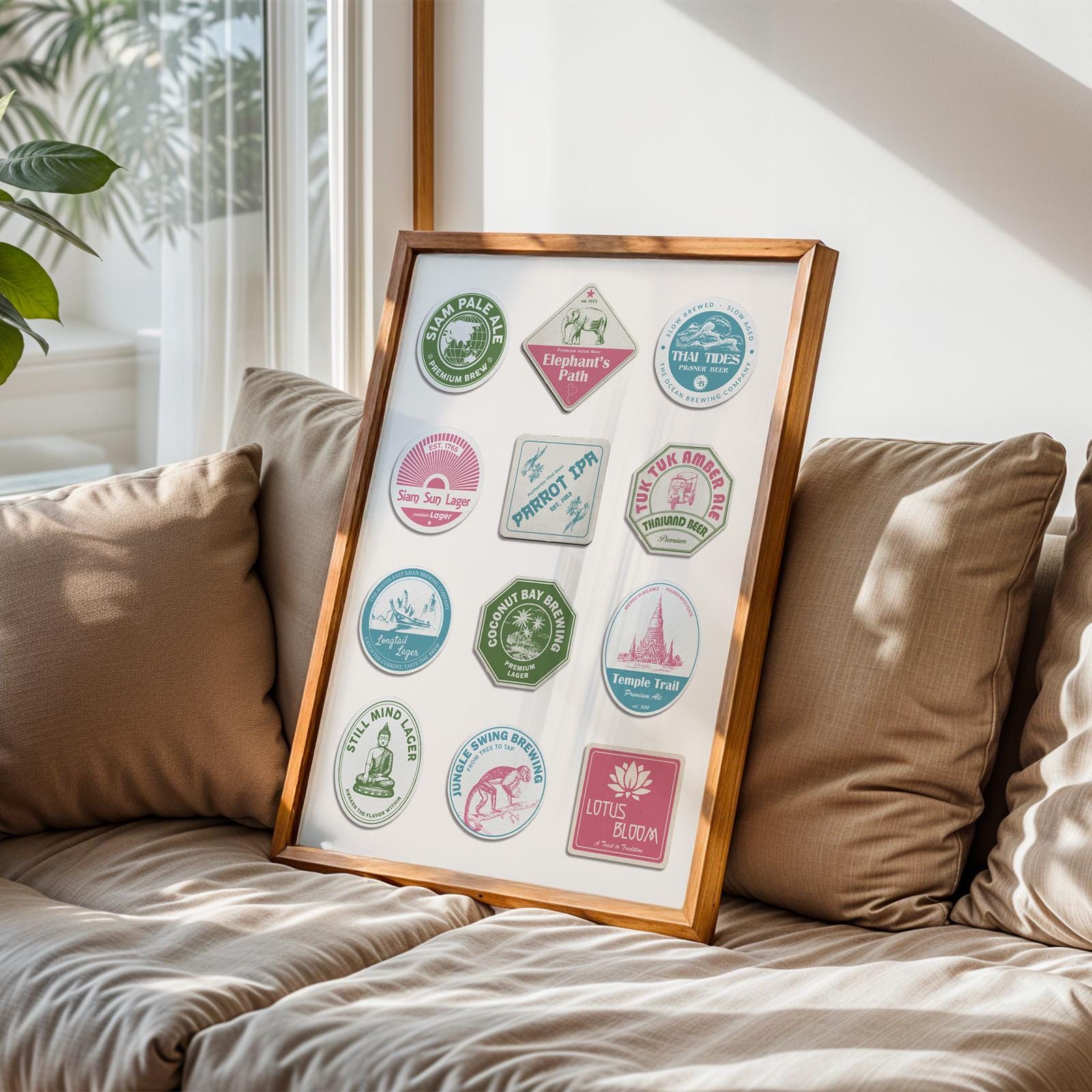 Thailand travel beer mat framed poster with beer culture and city landmarks, perfect for office or kitchen wall.