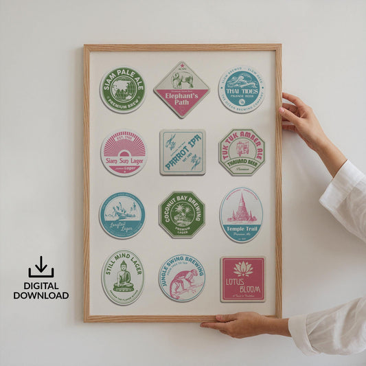 Framed Thai pub coaster art with Bangkok, Chiang Mai landmarks. Perfect pub gift for travellers and beer lovers.