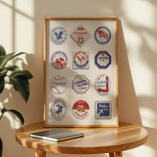 Framed America beer print with NYC, LA landmarks. Perfect pub gift for travellers and beer lovers.
