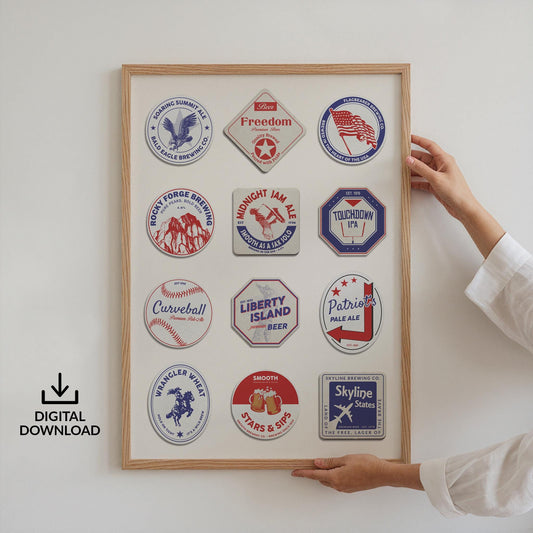 Digital printable America Coaster poster with NYC, LA, Chicago landmarks. Perfect pub gift for travellers and beer lovers.