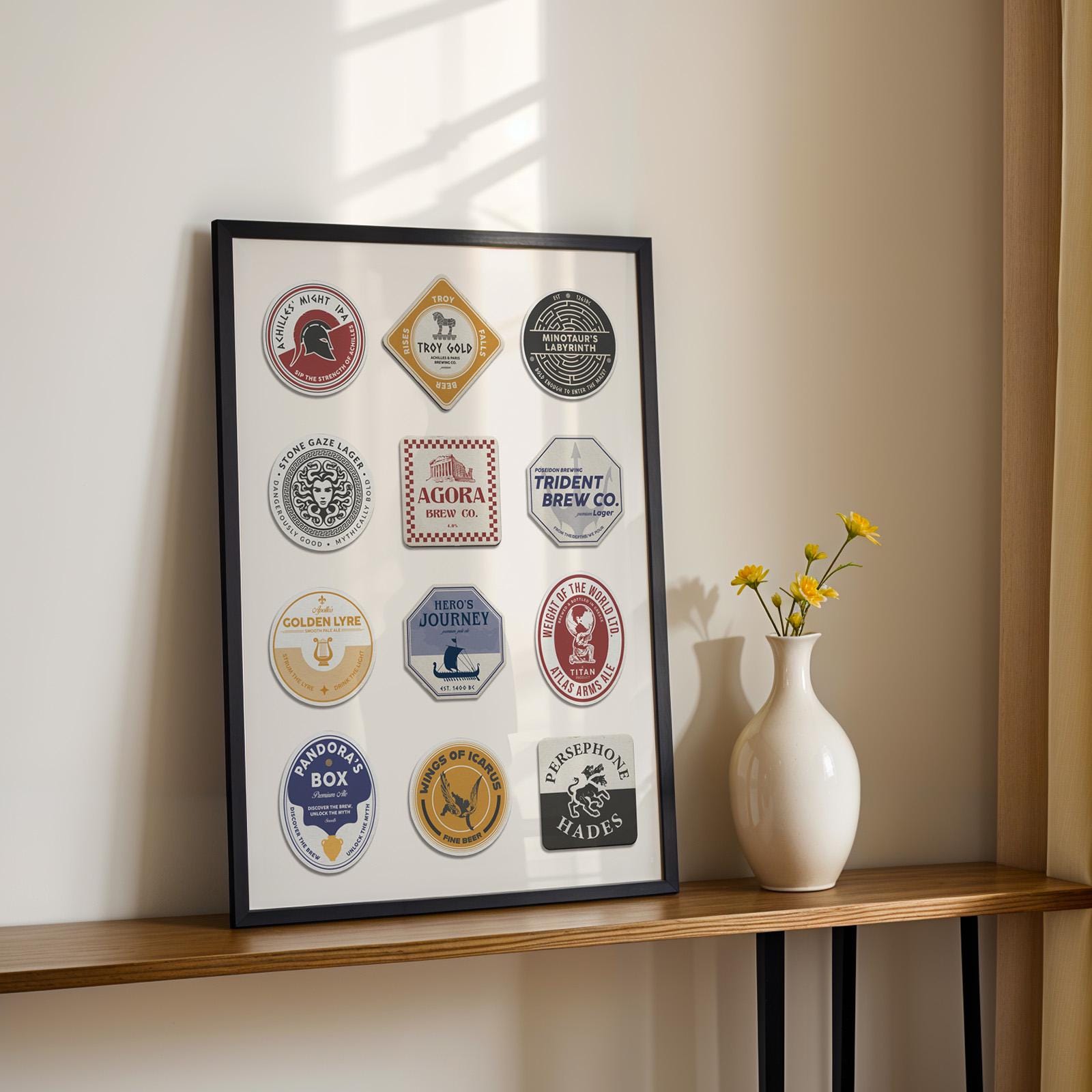 Printable Greek mythology beer mat art with Apollo, Aphrodite, ideal for snug reading room décor or mythology enthusiasts.