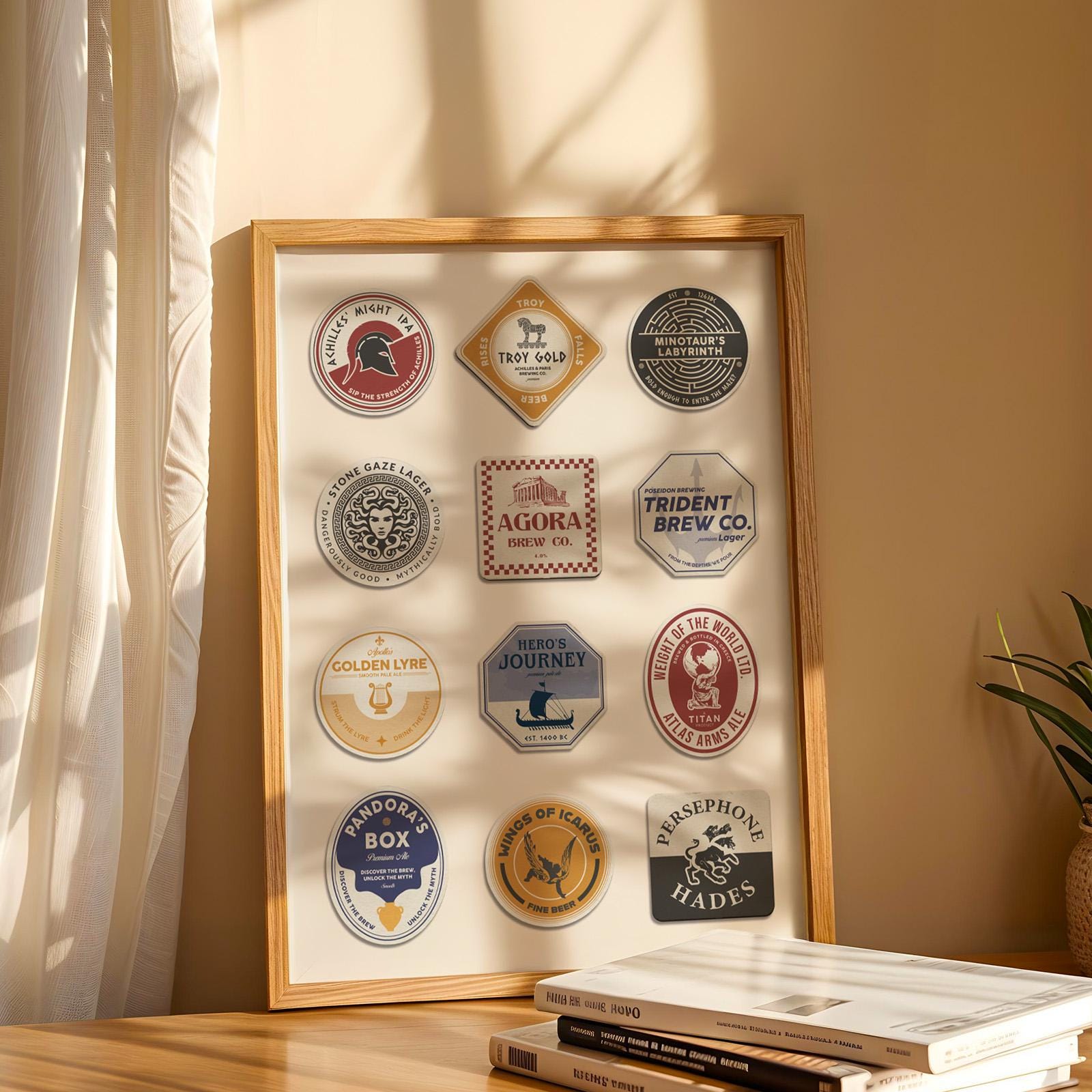 Digital beer mat coaster art with Hermes, Aphrodite, Greek legends. Printable gift for beer enthusiasts and myth fans.