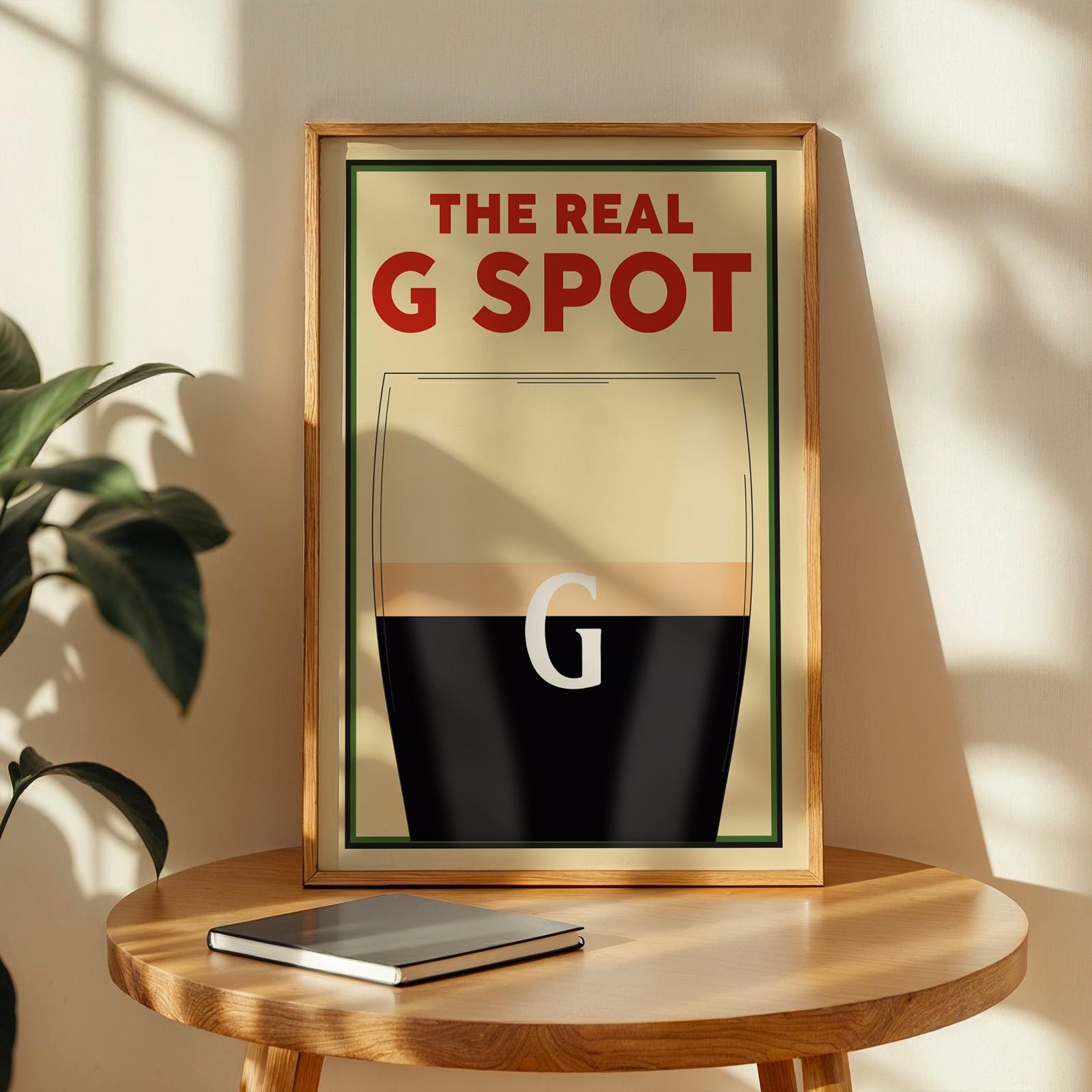 Funny framed beer poster with pint and “The Real G Spot” text, perfect for beer lovers and home bar decor.